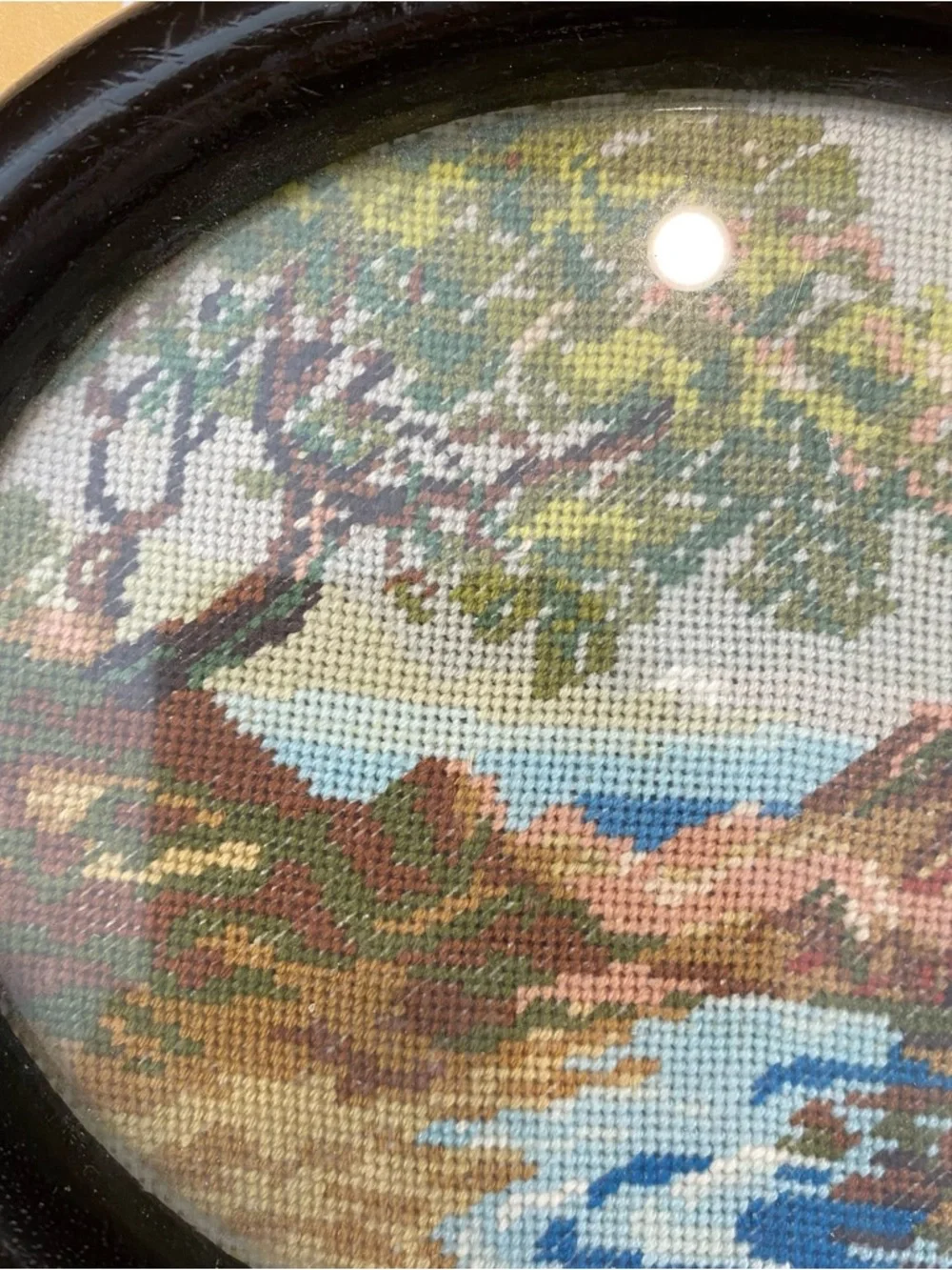Vintage Needlepoint Landscape Art – Oval Framed Embroidery – Cottagecore Decor - Picture 5 of 8